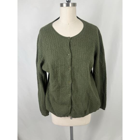 Anne Klein Sport Green Cable Knit Cardigan Sweater Merino Wool Angora Cashmere - Picture 1 of 7